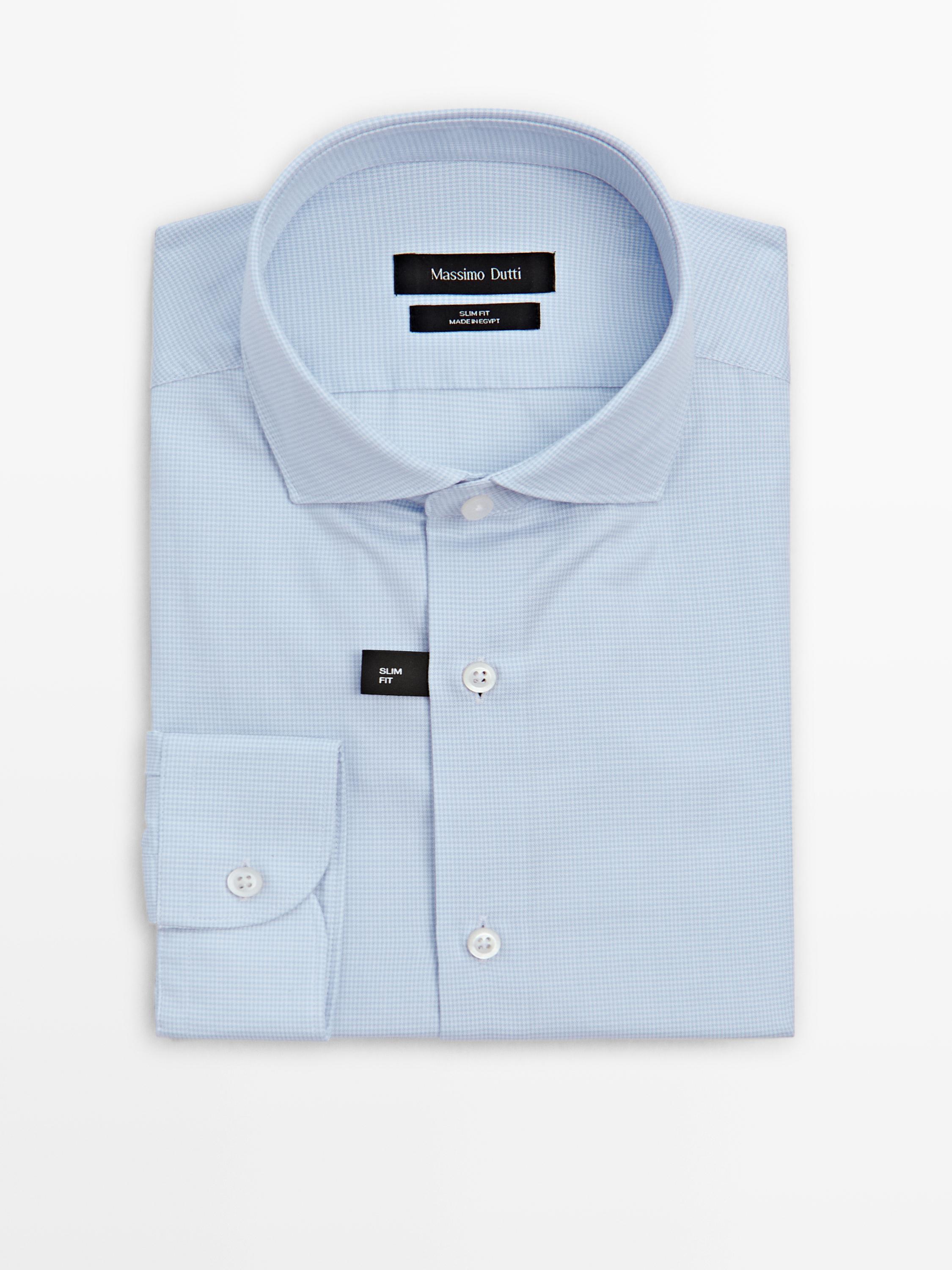 Slim fit micro-checked 100% cotton shirt